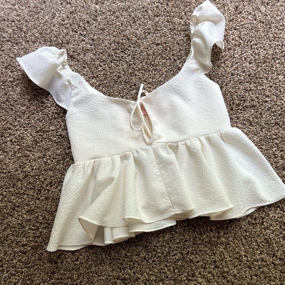 Urban Outfitters Cream Flutter Sleeve Blouse with Smocked Waist - Picture 7 of 12